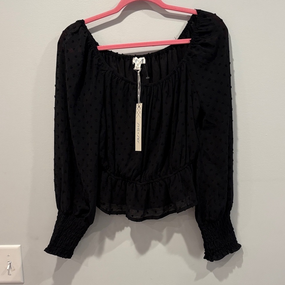 She + Sky Black Smocked Blouse
